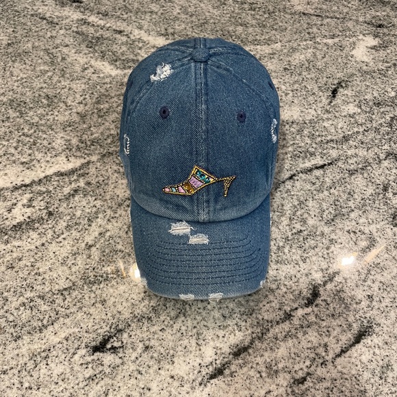 New Custom Designed Blue Distressed Baseball Cap with Jeweled Heel, Adjustable main image 4